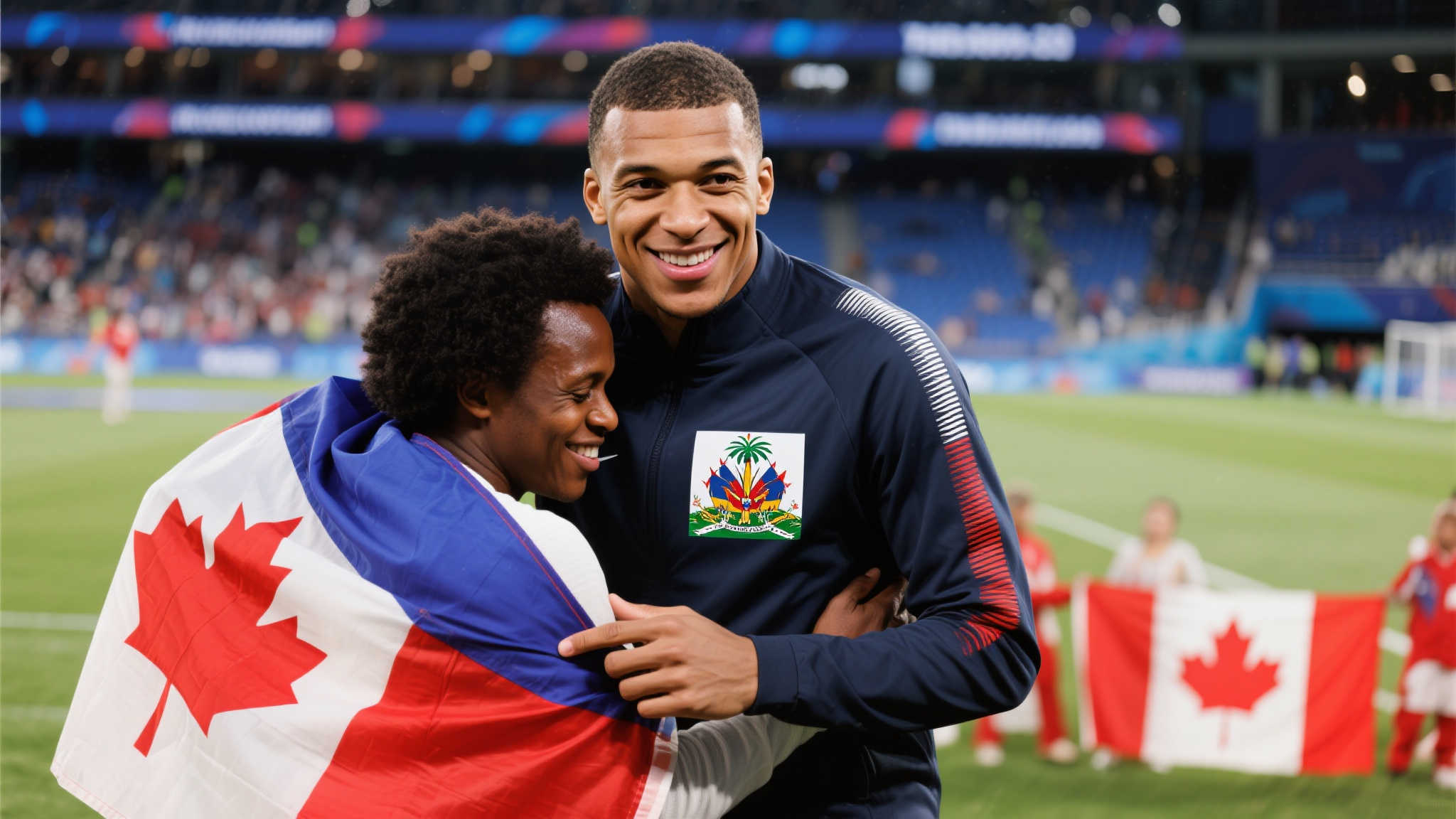 多特披加拿大与海地国旗 满面喜悦走过球员通道 多特披加拿大与海地国旗 满面喜悦走过球员通道